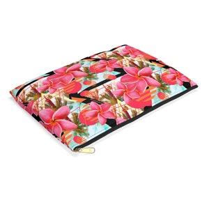 Sunset Pink Plumeria Flowers Carry-All Pouch, Tropical Palm Trees Beach Surf Floral Boho Style Small & Large Zipper Clutch Accessory Bag image 3