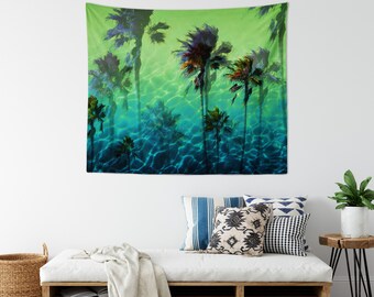 Marina Palms v2 - Wall Tapestry, Tropical Blue Green Palm Trees Ocean Water, Wall Hanging Backdrop Accent Home Decor. In Small Medium Large