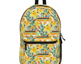 Sunshine Yellow Plumeria Flowers - Backpack, Tropical Green Palm Trees Surf Boho Chic Memphis Design Travel School Overnight Carrier Bag