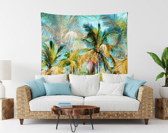 Jungle of Palms - Wall Tapestry, Blue & Green Florida Everglades Tropical Palm Trees Home Decor Wall Hanging Backdrop Accent. SML MED LRG