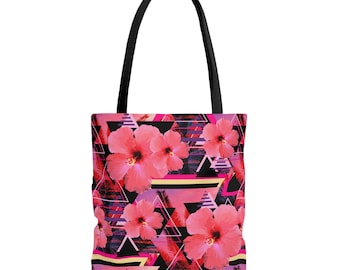 Hibiscus Love - Tote Bag, Pink and Purple Floral Beach Surf Boho Chic Memphis Pattern Market Back to School Carrier Bag Accessory Sling