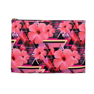 Hibiscus Love - Bolsa para transportar tudo, flores tropicais rosa e roxas estilo bolsa pequena e grande com zíper na opção básica ou com fundo em T