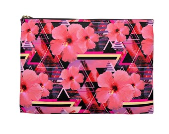 Hibiscus Love - Carry-All Pouch, Pink and Purple Tropical Flowers Style Small & Large Zip Clutch Carrying Bag in Basic or T-Bottom Option