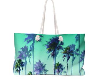 Jungle Green Palms - Weekender Tote, Palm Trees Beach Surf Style Weekend Overnight Travel Tote Companion w Woven Strap / Rope Handle Option