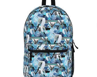 Flying White Herons - Backpack, Blue and White Beach Surf Boho Chic Palm Trees Style Memphis Design Travel School Overnight Carrier Bag