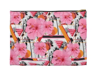 Sunset Pink Hibiscus Flowers - Carry-All Pouch, Tropical Palm Trees Beach Surf Floral Boho Style Small & Large Zipper Clutch Accessory Bag