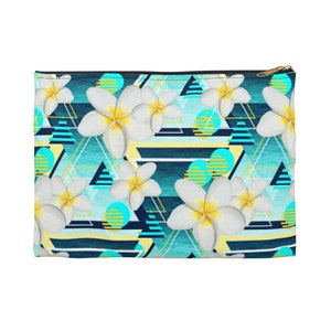 Flores de plumeria branca de praia – bolsa para carregar tudo, azul tropical e amarelo praia surf floral estilo Boho bolsa pequena/grande com zíper para acessórios de embreagem