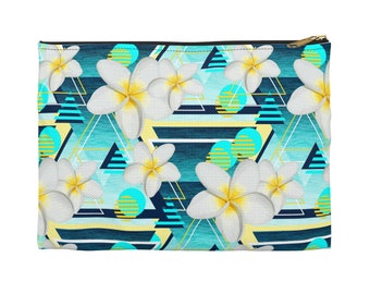 Beach White Plumeria Flowers - Carry-All Pouch, Tropical Blue & Yellow Beach Surf Floral Boho Style Small/Large Zipper Clutch Accessory Bag