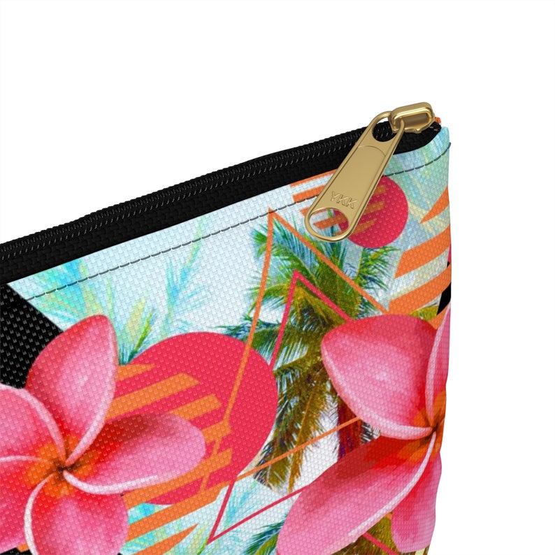 Sunset Pink Plumeria Flowers Carry-All Pouch, Tropical Palm Trees Beach Surf Floral Boho Style Small & Large Zipper Clutch Accessory Bag image 4