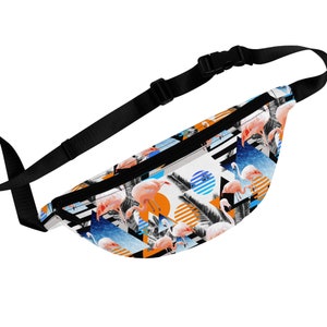 Tangerine Flamingos - Fanny Pack, Orange and Blue Beach Surf Tropical Boho Chic Style Memphis Pattern Accessory Sling 14.5&quot;x6&quot; Carrier Tote