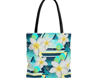 Beach White Plumeria Flowers - Tote Bag, Ocean Blue and Yellow Floral Beach Surf Boho Chic Memphis Pattern Market Shopping Accessory Carrier