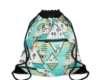 Summer White Ibis - Drawstring Gym Bag, Light Blue Tropical Beach Surf Boho Chic Seabirds & Palms Drawcord Style Travel Carrier, 19.5x15.5in