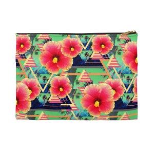 Flores de hibisco de toranja rosa - bolsa para carregar tudo, bolsa floral rosa e amarela para praia surf estilo boho pequena e grande bolsa de acessórios de embreagem com zíper