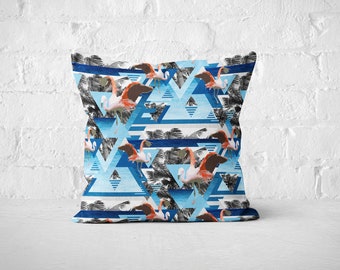 Caribbean Blue Flamingos - Throw Pillow, Beach Blue and Pink Surf Tropical Style Square Pillow Furnishing Accent. In 16x16 18x18 20x20 inch