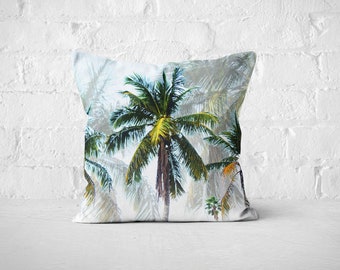 Palms of Paradise - Throw Pillow, Tropical Style Palm Trees Home Decor Coastal Interiors Beach Surf Decor Boho Accent in 16x16 18x18 20x20