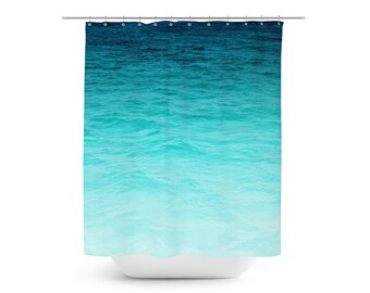 Grand Cayman Waters - Shower Curtain, Turquoise Ombre Beach Surf Boho Chic Style Tropical Home Bathroom Decor Hanging Tub Curtain. 71x74in