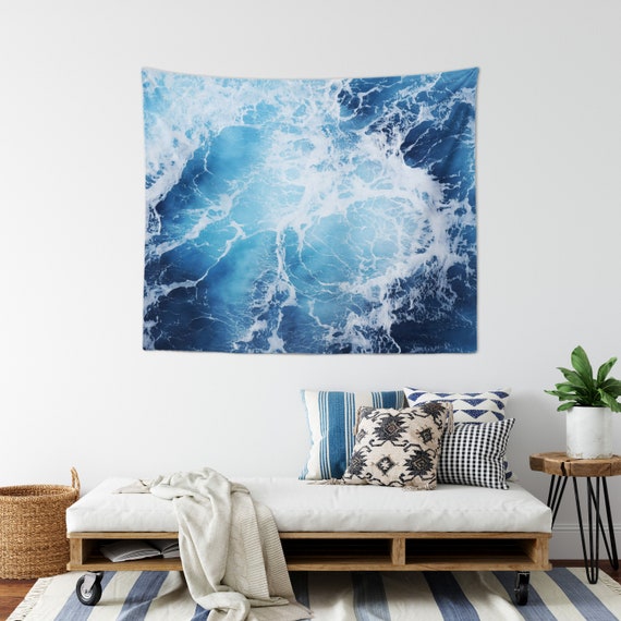 Blue Ocean Surf - Wall Tapestry, Deep Blue Seascape Nautical Decor, Coastal Style Interior Accent Tapestry Hanging. In Small Medium Large