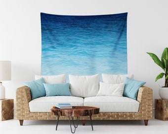 Sapphire Sea - Wall Tapestry, Blue Ombre Ocean Water Beach Surf Style Tropical Home Decor Coastal Wall Hanging Backdrop. Small Medium Large