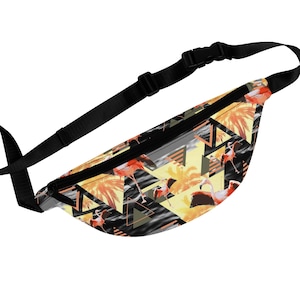 Golden Hour Flamingos - Fanny Pack, Yellow Orange Black Beach Surf Boho Chic Style Memphis Pattern Accessory Sling 14.5&quot;x6&quot; Carrier Tote