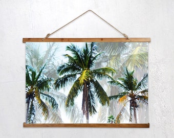 Palms of Paradise - Wood Topped Wall Tapestry, Tropical Green Palm Trees Beach Surf Boho Chic Interior Hanging Wall Art Decor. 36x26 inches