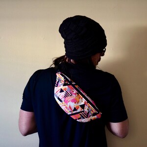 Sunset Flamingos - Fanny Pack, Hot Pink and Orange Beach Surf Tropical Boho Chic Style Memphis Pattern Accessory Sling 14.5&quot;x6&quot; Carrier Tote