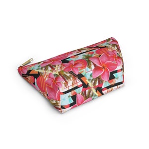 Sunset Pink Plumeria Flowers Carry-All Pouch, Tropical Palm Trees Beach Surf Floral Boho Style Small & Large Zipper Clutch Accessory Bag image 5