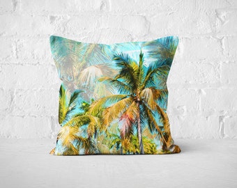 Jungle of Palms - Throw Pillow, Tropical Blue & Green Florida Everglades Palm Trees Beach Surf Home Decor Accent in 16x16 18x18 20x20 inch