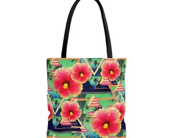 Pink Grapefruit Hibiscus Flowers - Tote Bag, Pink & Yellow Tropical Floral Beach Surf Boho Chic Memphis Pattern Market Shopping Accessory