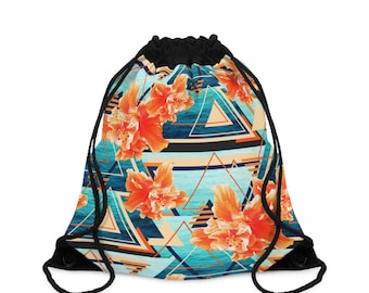 Tangerine Orange Hibiscus Sea Flowers - Drawstring Gym Bag, Turquoise Blue Florals Beach Surf Boho Chic Drawcord Travel Carrier, 19.5x15.5in