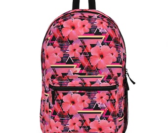 Hibiscus Love - Backpack, Pink and Purple Beach Surf Boho Chic Floral & Palm Trees Style Memphis Design Travel School Overnight Carrier Bag