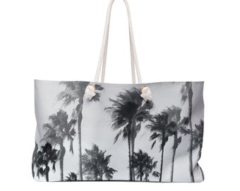 Gainsboro Palms - Weekender Tote, Gray Palm Trees Beach Surf Style Weekend Overnight Travel Tote Companion. Woven Strap / Rope Handle Option