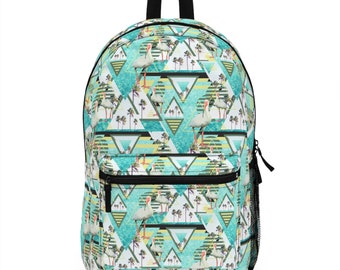 Summer White Ibis - Backpack, Light Blue Beach Ocean Surf & Palm Trees Style Boho Chic Memphis Design Travel School Overnight Carrier Bag