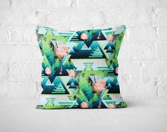Bahia Flamingos - Throw Pillow, Blue and Green Triangles Beach Surf Tropical Style Square Pillow Furnishing Accent. In 16x16 18x18 20x20 in