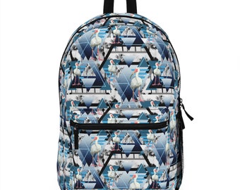 White Ibis and Coast - Backpack, Nautical Blue Seabirds Surf & Palm Trees Style Boho Chic Memphis Design Travel School Overnight Carrier Bag