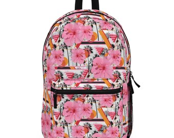 Sunset Pink Hibiscus Flowers - Backpack, Tropical Palms Floral Beach Surf Style Boho Chic Memphis Design Travel School Overnight Carrier Bag