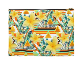 Sunshine Yellow Plumeria Flowers - Carry-All Pouch, Tropical Green Palms Beach Floral Boho Style Small & Large Zipper Clutch Accessory Bag