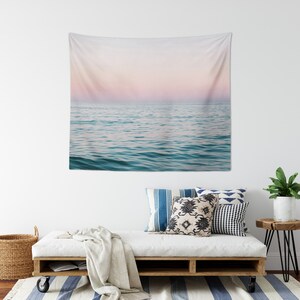 Pastel Sea - Wall Tapestry, Ocean Nautical Surf Style Wall Hanging, Pink & Blue Beach Landscape Interior Decor Accent. In Small Medium Large