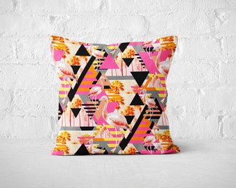 Sunset Flamingos - Throw Pillow, Hot Pink and Orange Beach Surf Tropical Style Square Pillow Pouf Furnishing Accent. In 16x16 18x18 20x20