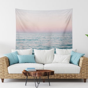 Pastel Sea - Wall Tapestry, Ocean Nautical Surf Style Wall Hanging, Pink & Blue Beach Landscape Interior Decor Accent. In Small Medium Large