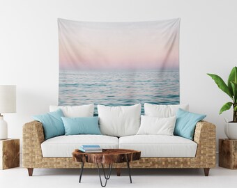 Pastel Sea - Wall Tapestry, Ocean Nautical Surf Style Wall Hanging, Pink & Blue Beach Landscape Interior Decor Accent. In Small Medium Large