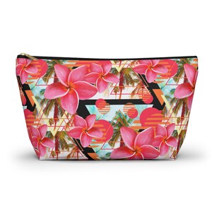 Sunset Pink Plumeria Flowers Carry-All Pouch, Tropical Palm Trees Beach Surf Floral Boho Style Small & Large Zipper Clutch Accessory Bag LRG T-Bottom 12.5x7 inches