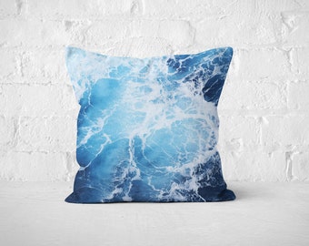 Blue Ocean Surf - Throw Pillow, Nautical Decor Style Accent, Deep Blue Sea Bedding Interior & Furnishing Pillow. In 16x16 18x18 20x20 Inches