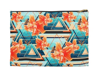 Tangerine Orange Hibiscus Sea Flowers - Carry-All Pouch, Tropical Blue Floral Beach Surf Style Small & Large Zipper Clutch Accessory Bag