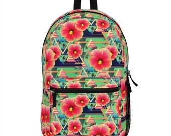 Pink Grapefruit Hibiscus Flowers - Backpack, Rainbow Surf Floral Tropical Style Boho Chic Memphis Design Travel School Overnight Carrier Bag