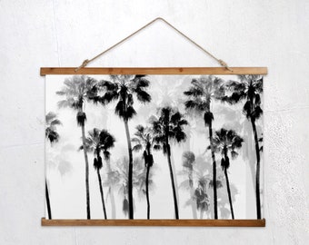 Black Cypress Palms - Wood Topped Wall Tapestry, Beach Scene Palm Trees Black and Gray Boho Surf Interior Hanging Wall Decor. 36x26 inches