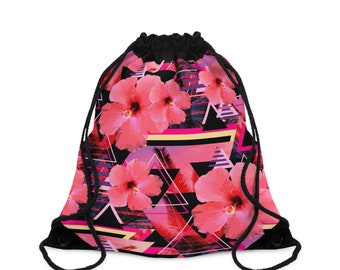 Hibiscus Love - Drawstring Gym Bag, Pink & Purple Vaporwave Beach Surf Boho Chic Tropical Flowers Drawcord Style Travel Carrier, 19.5x15.5in