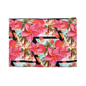 Flores de plumeria rosa pôr do sol – bolsa para carregar tudo, palmeiras tropicais, praia, surf, floral, estilo boho, pequena e grande, bolsa de acessórios com zíper