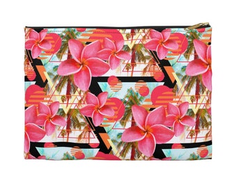 Sunset Pink Plumeria Flowers - Carry-All Pouch, Tropical Palm Trees Beach Surf Floral Boho Style Small & Large Zipper Clutch Accessory Bag