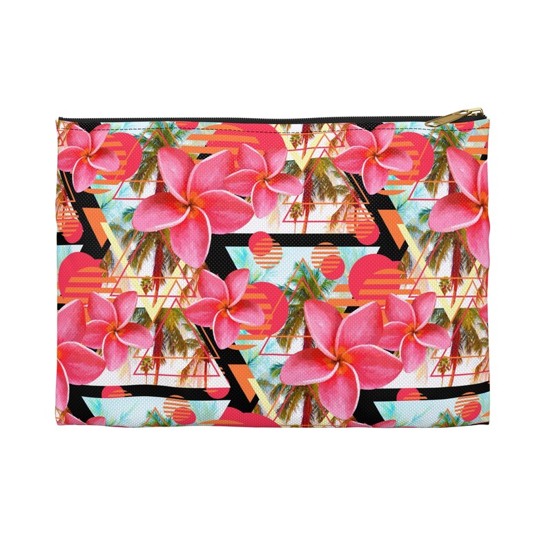 Sunset Pink Plumeria Flowers Carry-All Pouch, Tropical Palm Trees Beach Surf Floral Boho Style Small & Large Zipper Clutch Accessory Bag Small Basic 8.5x6 inches