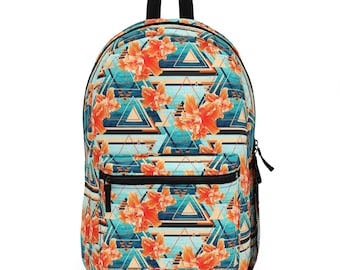 Tangerine Orange Hibiscus Sea Flowers - Backpack, Turquoise Surf Tropical Style Boho Chic Memphis Design Travel School Overnight Carrier Bag